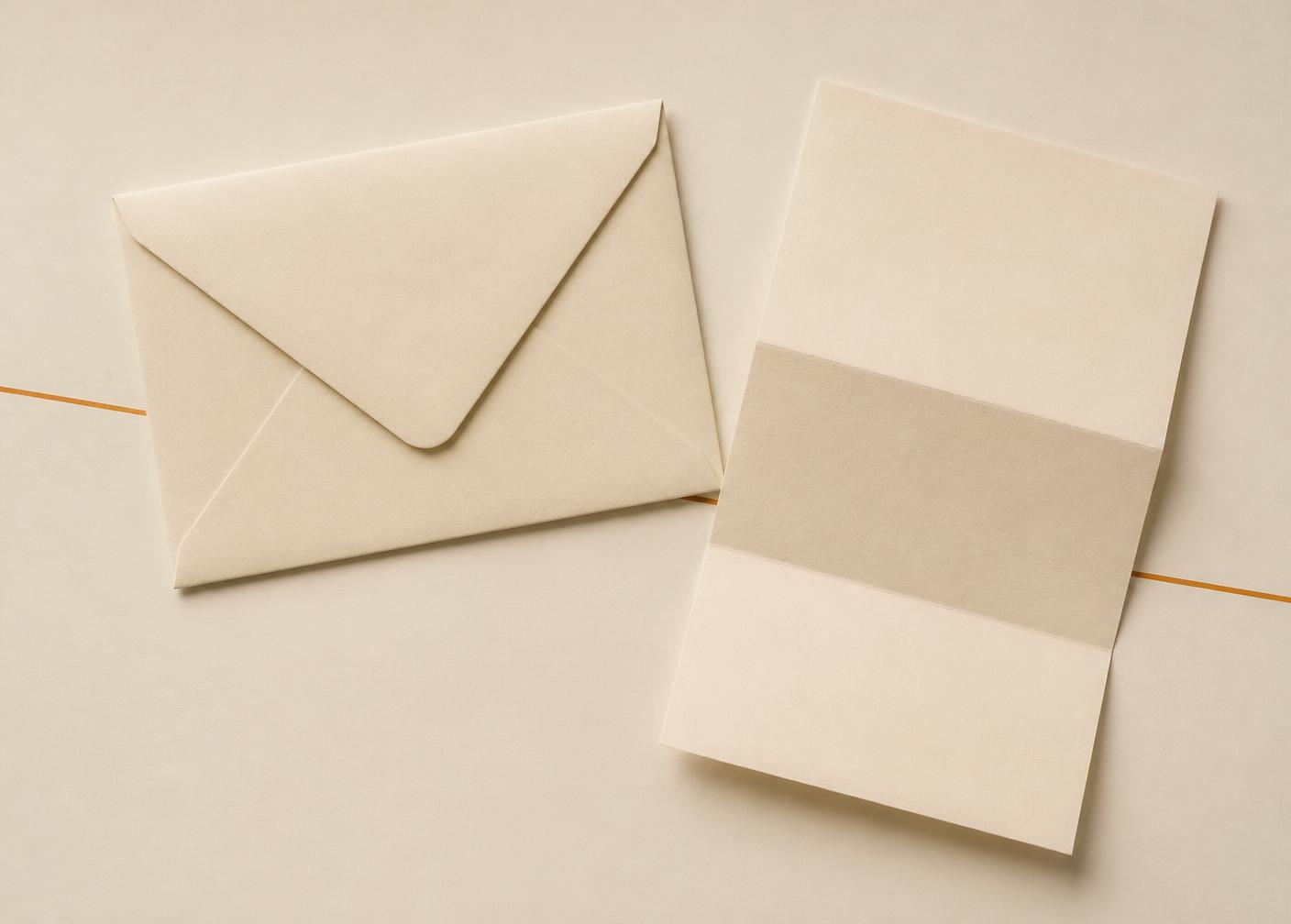 A plain cream envelope and folded sheet of paper arranged on a warm off-white surface