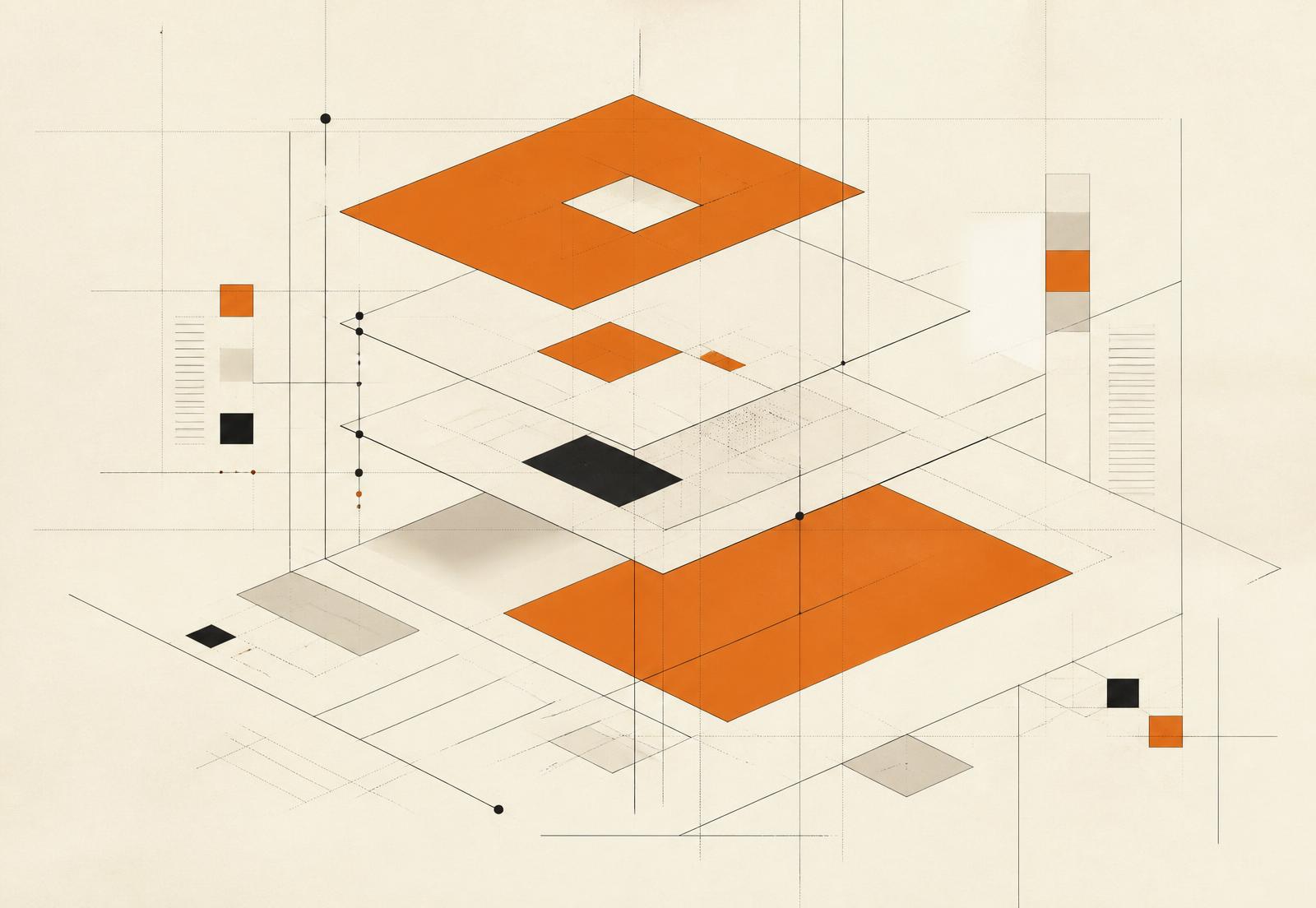 Abstract isometric diagram of stacked system layers rendered as orange and black planes on a paper background