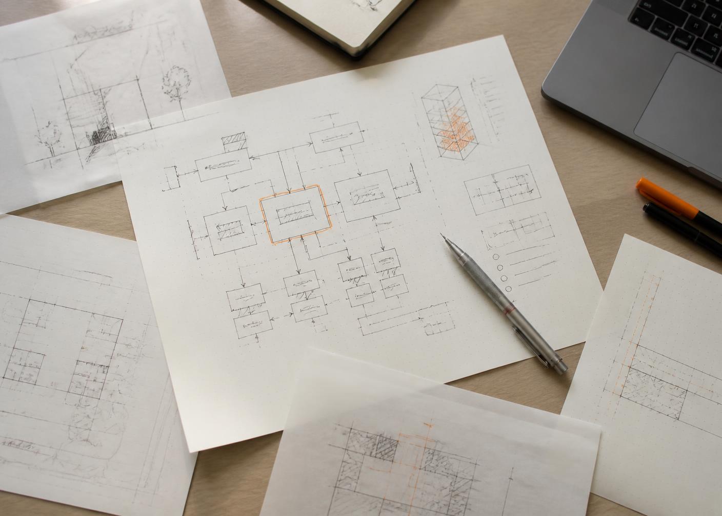 Overhead view of hand-drawn system architecture diagrams on paper beside a mechanical pencil and a laptop