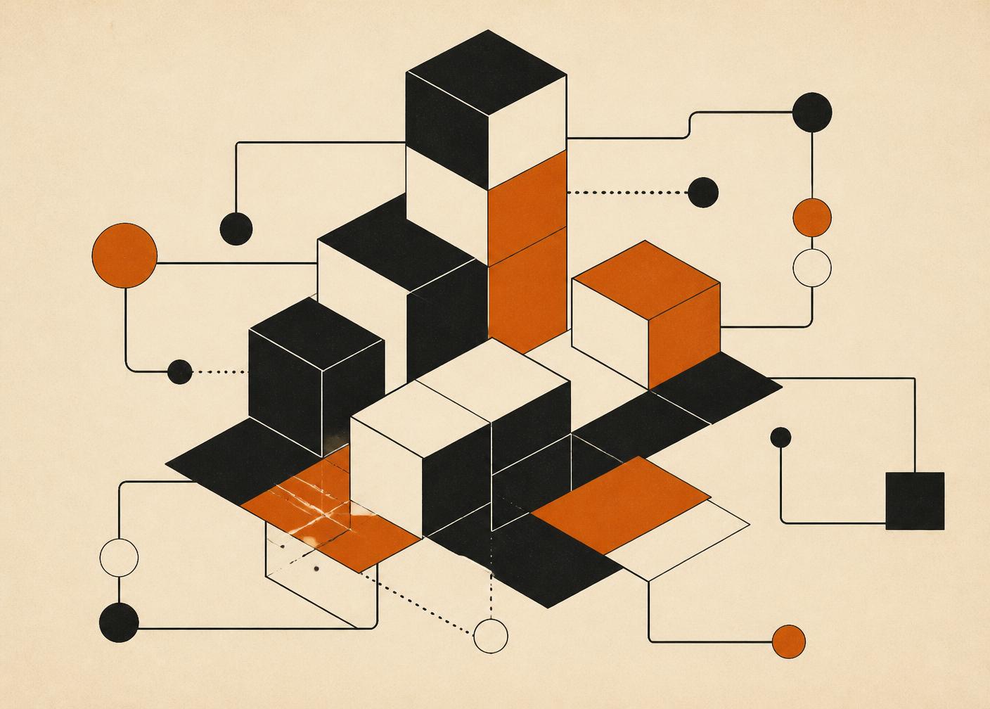 Isometric arrangement of modular black, cream and orange blocks joined by connector lines