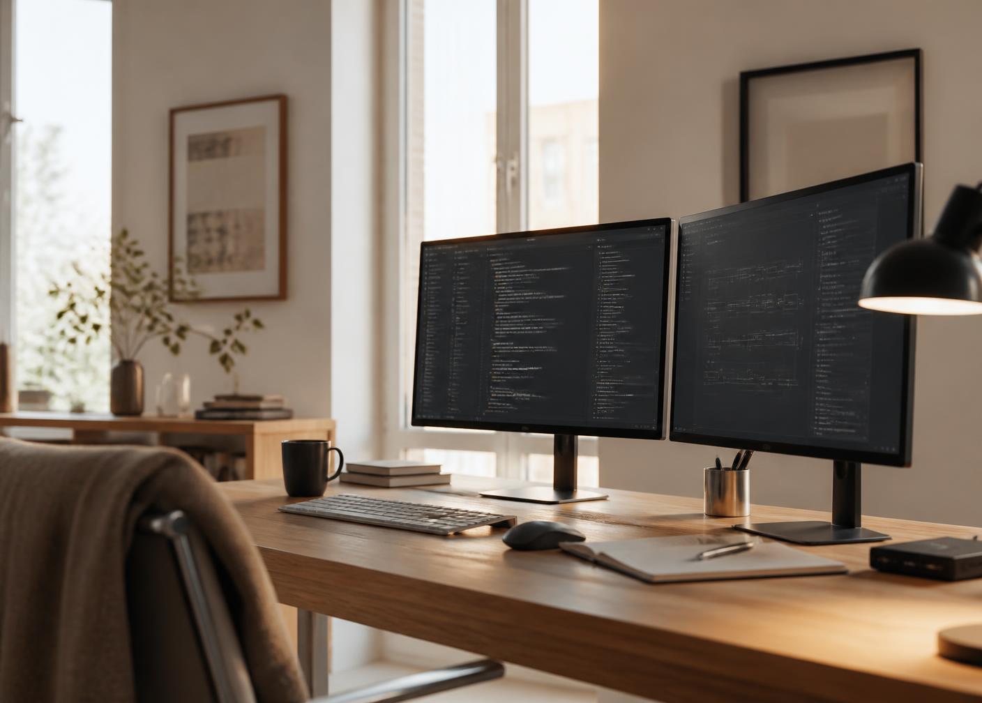 A quiet daylit workspace with two monitors displaying code and technical diagrams